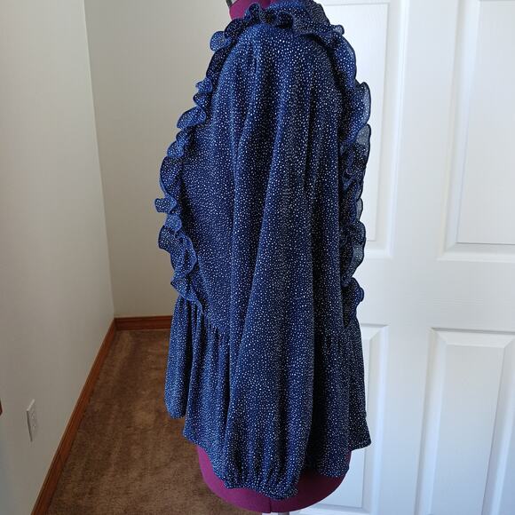 H&M Navy Speckle Ruffled Peplum Blouse 12 sheer retro 80s repaired LS - Picture 2 of 16